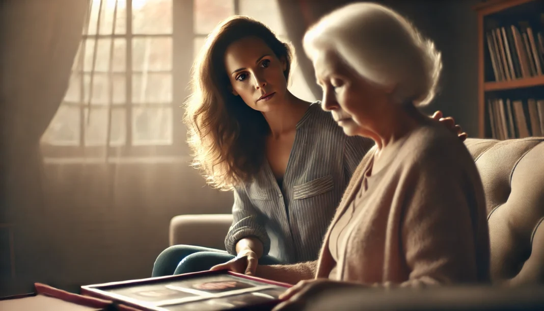 Concerned adult child watching an elderly parent show early signs of dementia through confusion with family photos