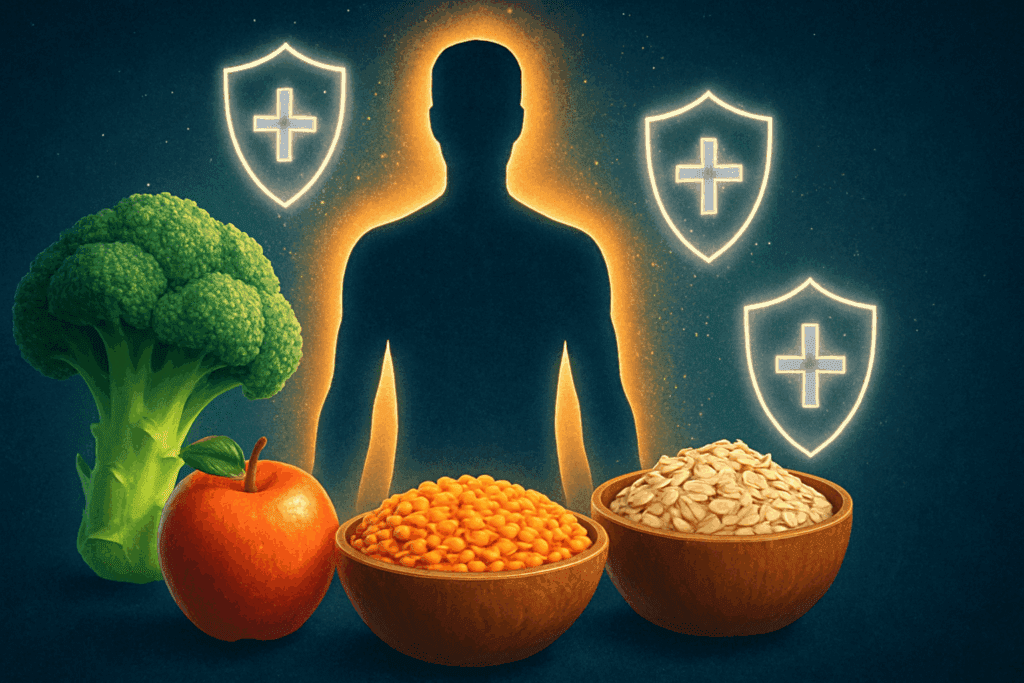 Glowing human silhouette surrounded by fiber-rich foods low in fat like broccoli, lentils, oats, and apples with immune shield icons
