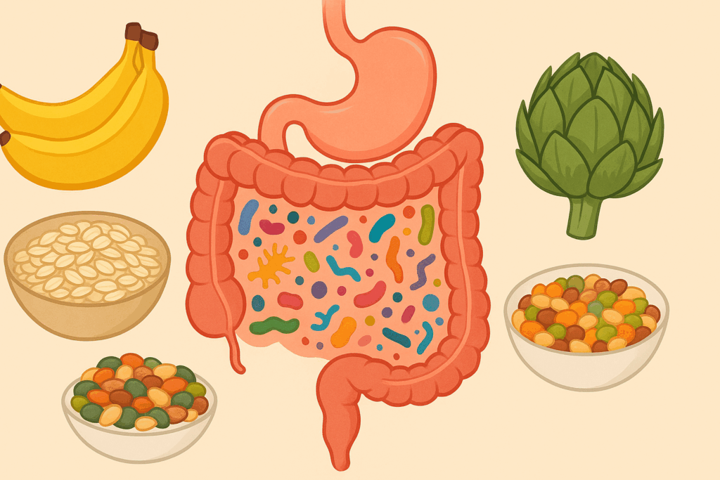Artistic illustration of the human digestive system surrounded by colorful microbes and foods low in fat like bananas, oats, legumes, and artichokes