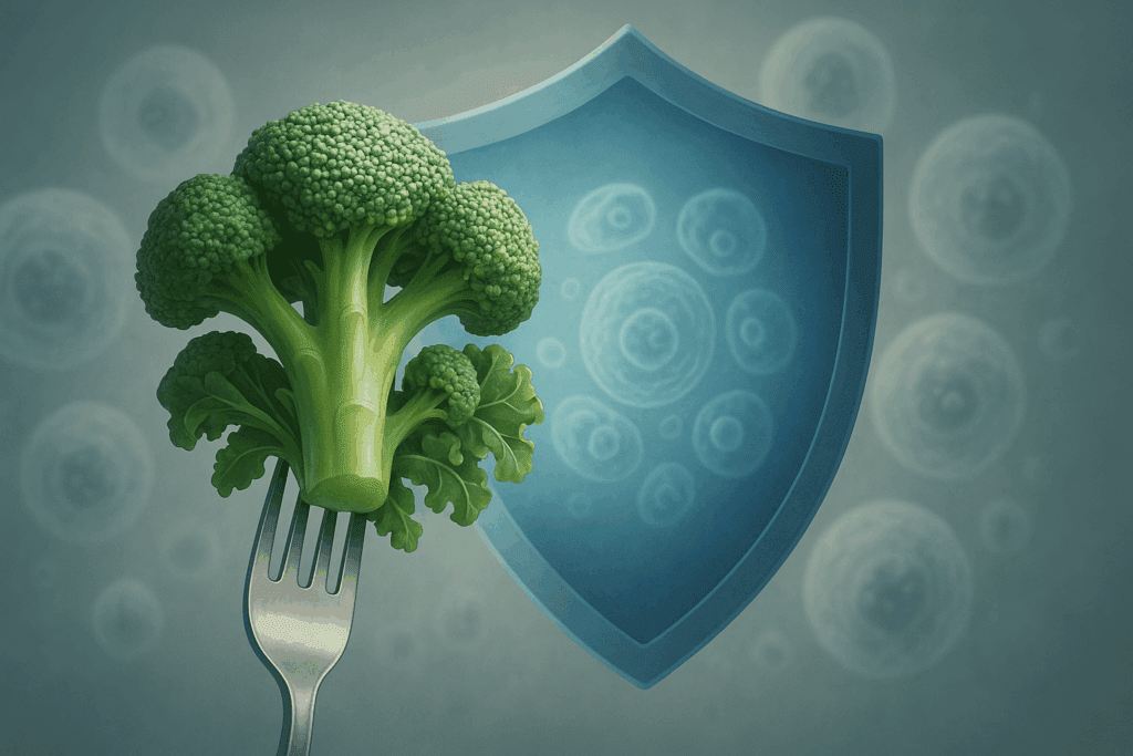 Fork holding cruciferous vegetables like broccoli and kale, symbolizing cancer prevention with foods low in fat