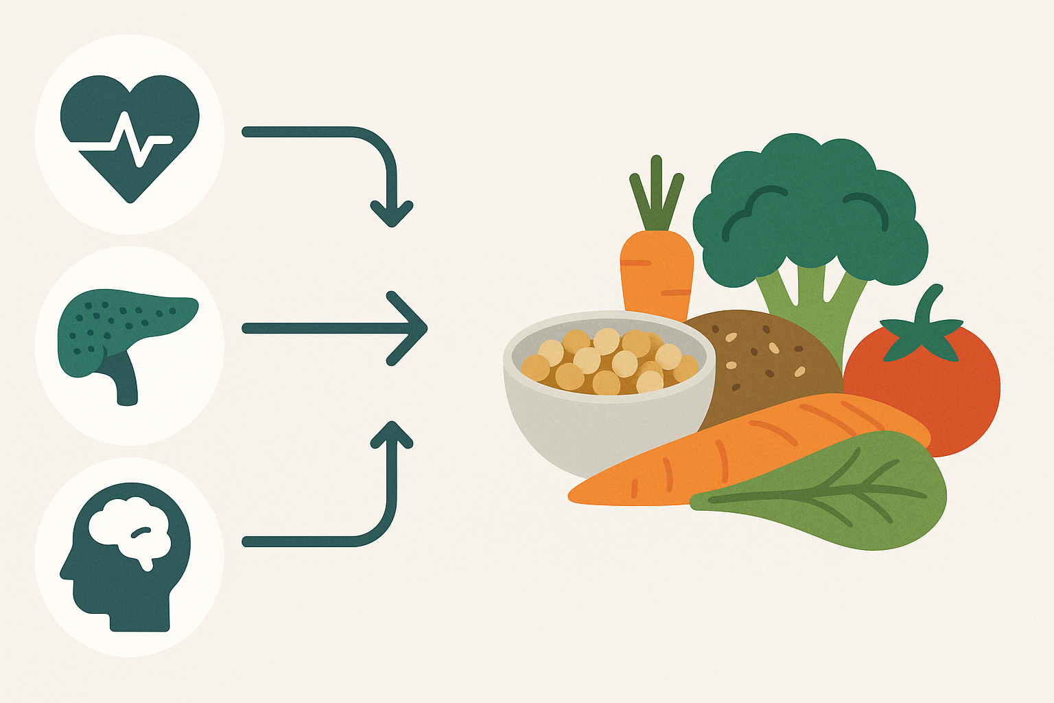 Infographic showing health benefits of foods low in fat with icons for heart, brain, liver, and digestive health connected to vegetables, legumes, and whole grains