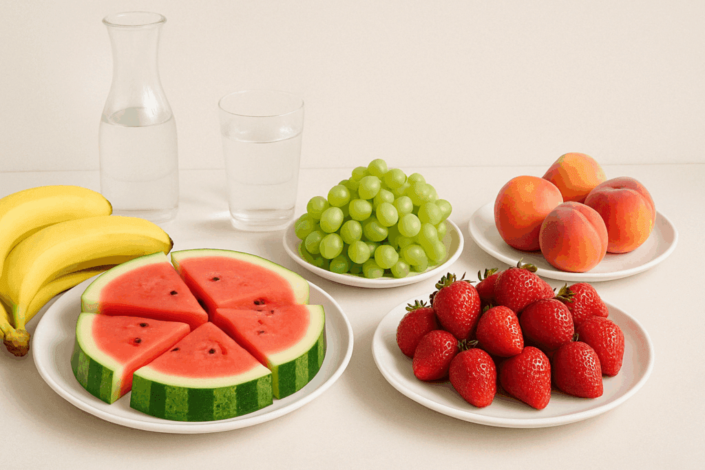 Assorted mono-meals of fresh fruits including bananas, watermelon, grapes, strawberries, and peaches with water on a minimalist table, illustrating a fruit-only diet
