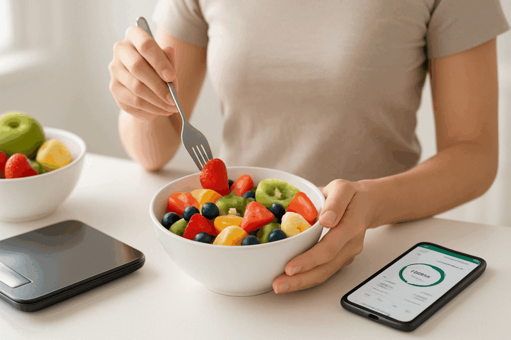 Person eating a colorful fruit bowl while tracking calories on a smartphone, illustrating a fruit-only diet for weight management