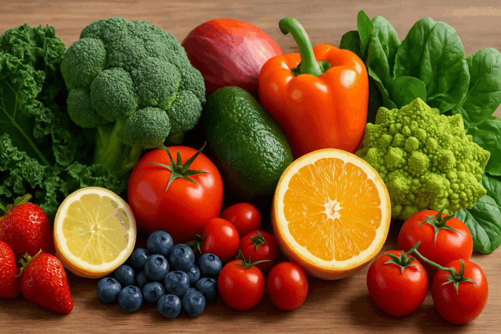 Colorful assortment of fresh vegetables and fruits on a wooden surface showcasing nutritional variety in a fruit-only diet