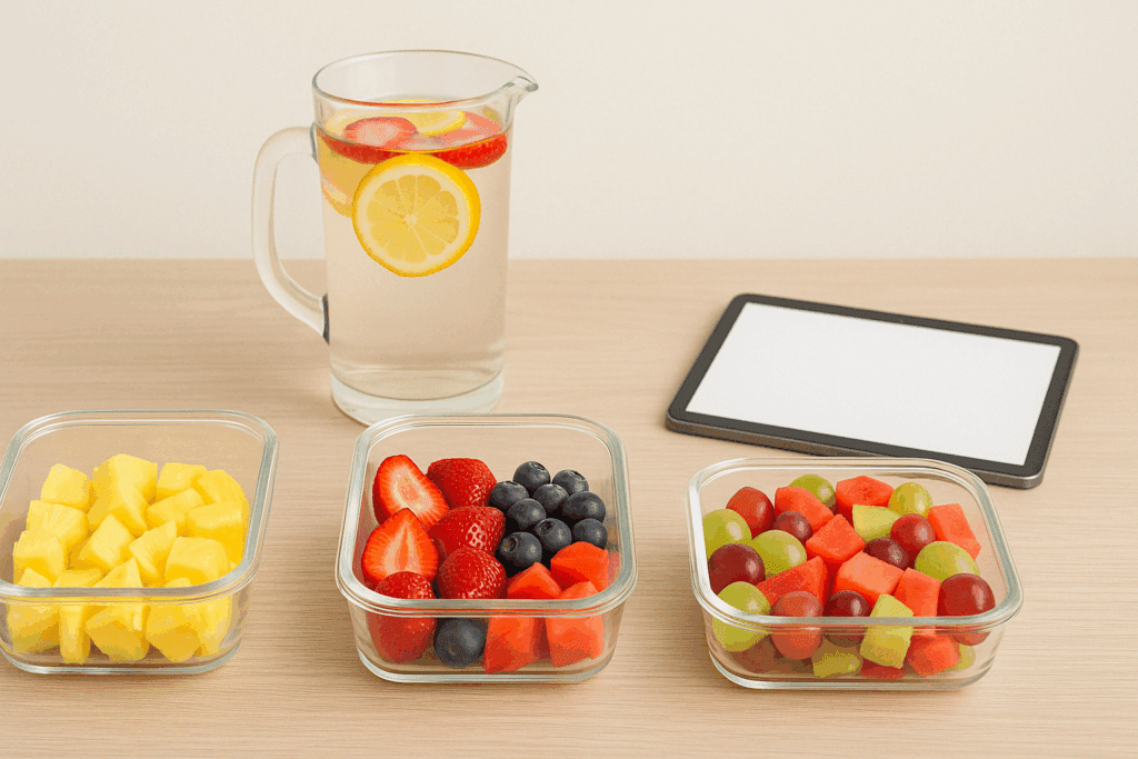 Prepped meals for a fruit-only diet with glass containers of fresh fruit, a fruit-infused water pitcher, and a digital meal plan on a clean table