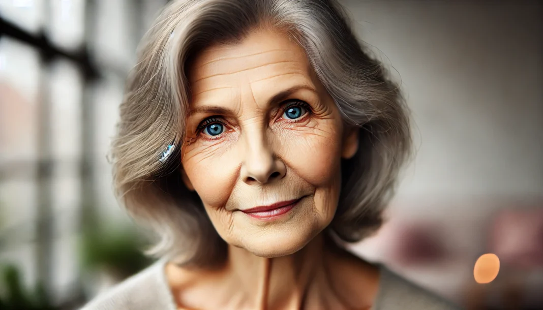 Elderly woman with a subtle, contemplative smile reflecting emotional complexity and early facial signs of dementia