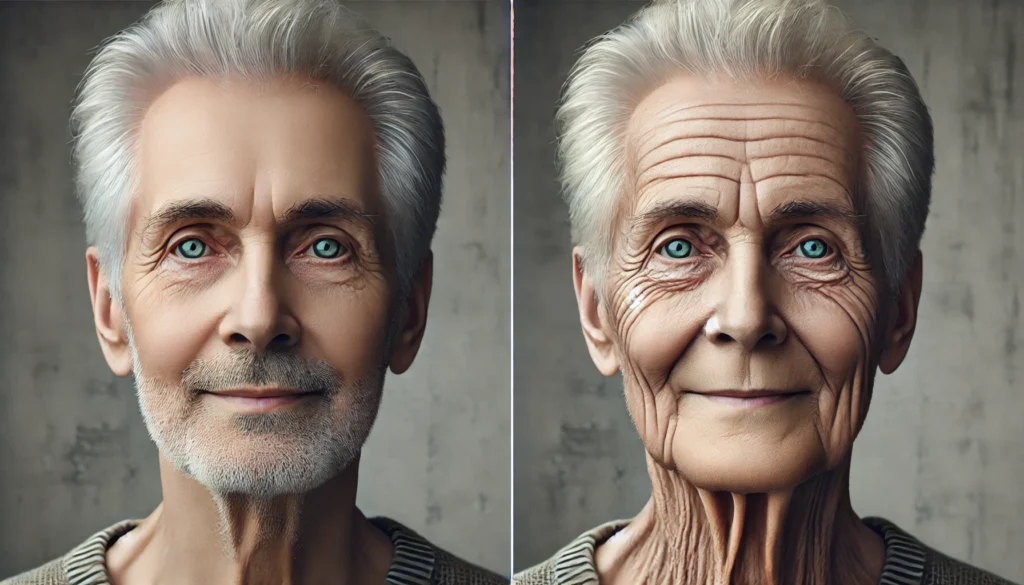 Comparative portraits showing healthy versus flat emotional expression to illustrate facial signs of dementia.