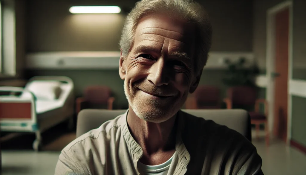 Elderly man with an ambiguous smile in a care setting, symbolizing the misunderstood dementia smile.