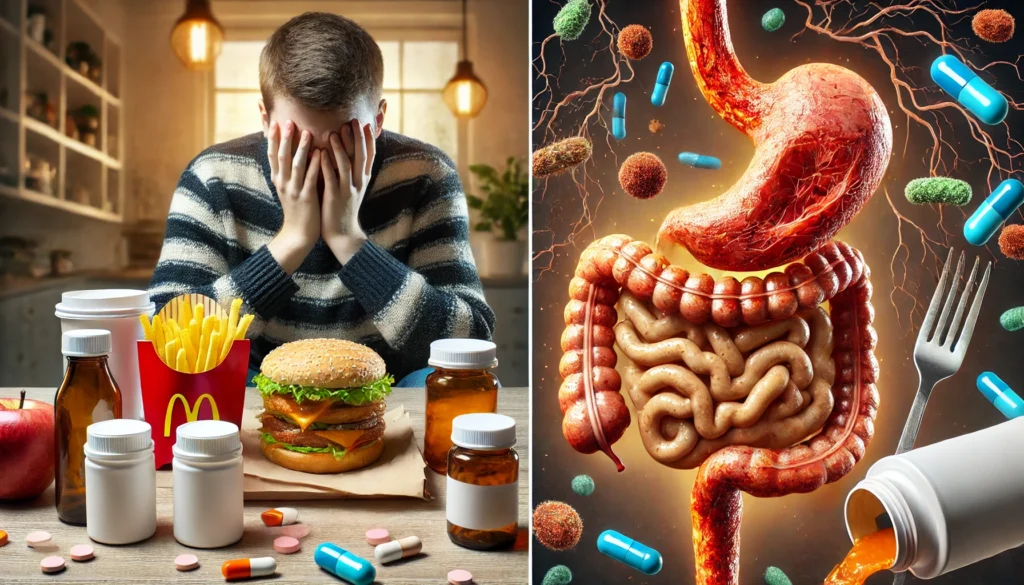 Split scene showing causes of gastrointestinal distress including stress, poor diet, and inflammation