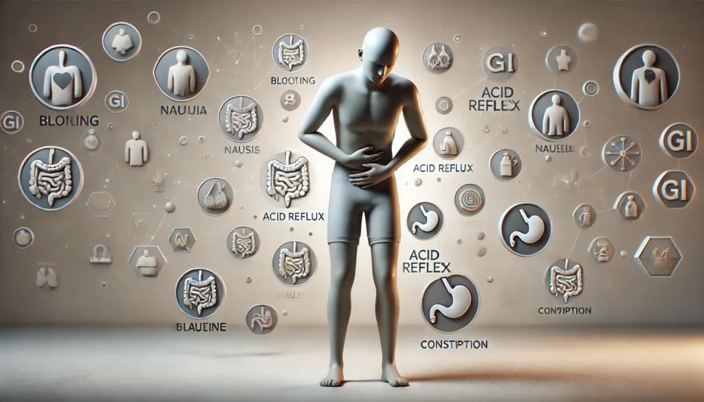 Person experiencing GI distress symptoms like abdominal pain, gas, reflux, and cramping