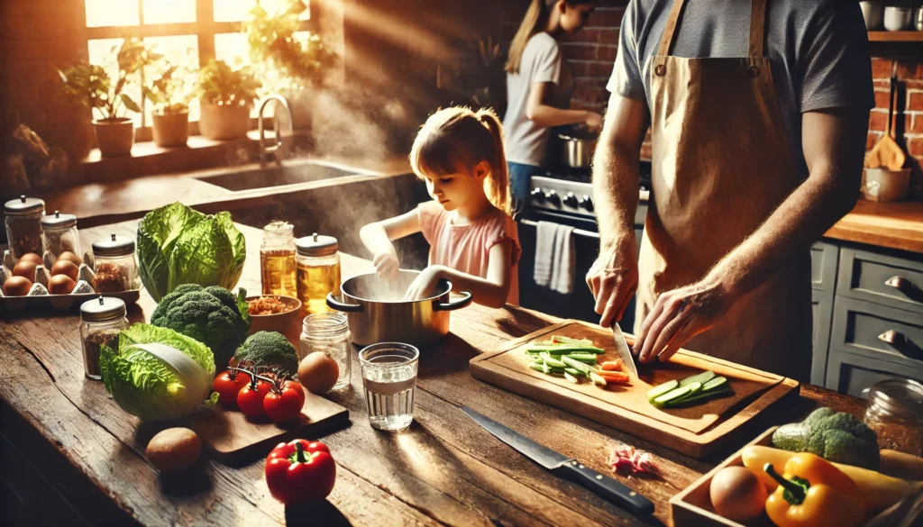 Family practicing food hygiene to prevent gastrointestinal infection through safe cooking and handwashing habits