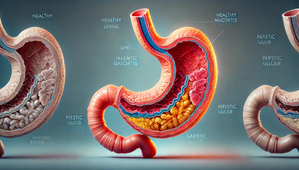 Cross-section illustration of normal stomach lining versus gastritis and ulcer damage in GI disorders