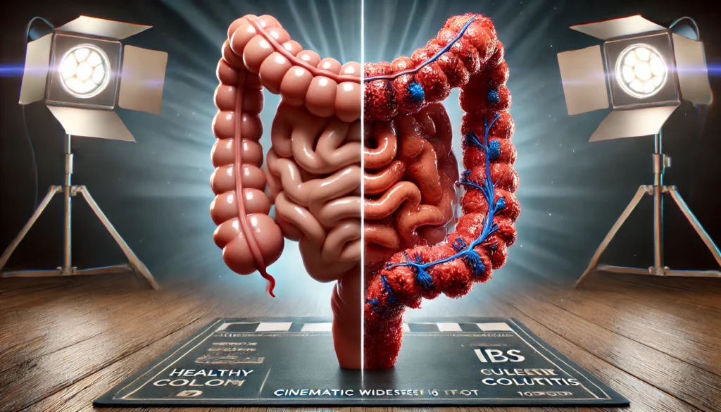 Comparative visual of healthy colon versus inflamed lower GI tract affected by ulcerative colitis or IBS