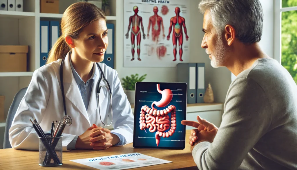 Patient consulting doctor about persistent GI symptoms with gut health visuals in a clinic setting
