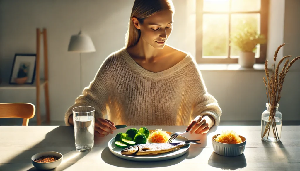 Healthy person enjoying a gut-friendly meal after recovering from gastrointestinal symptoms
