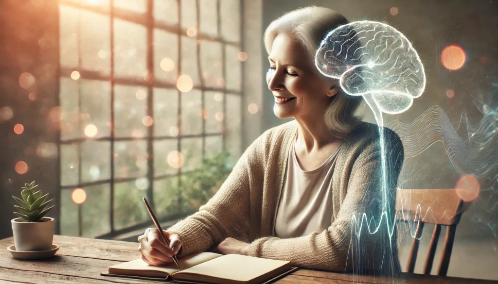 Senior journaling peacefully with soft neuron patterns in the background representing cognitive brain functioning