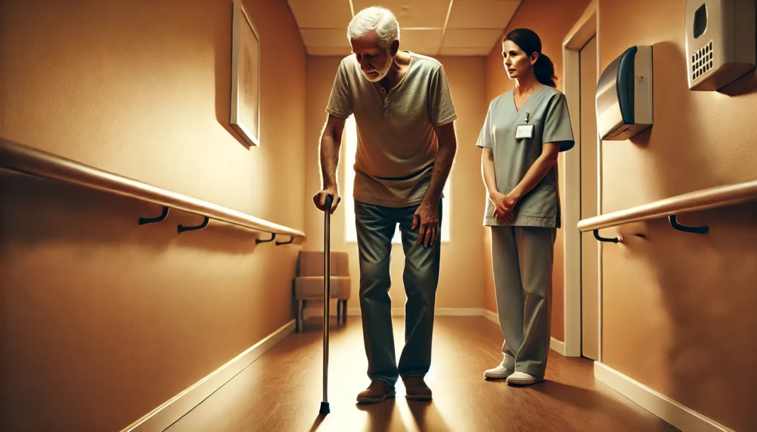 Elderly man walking with cane assisted by caregiver, representing dementia and balance problems in aging