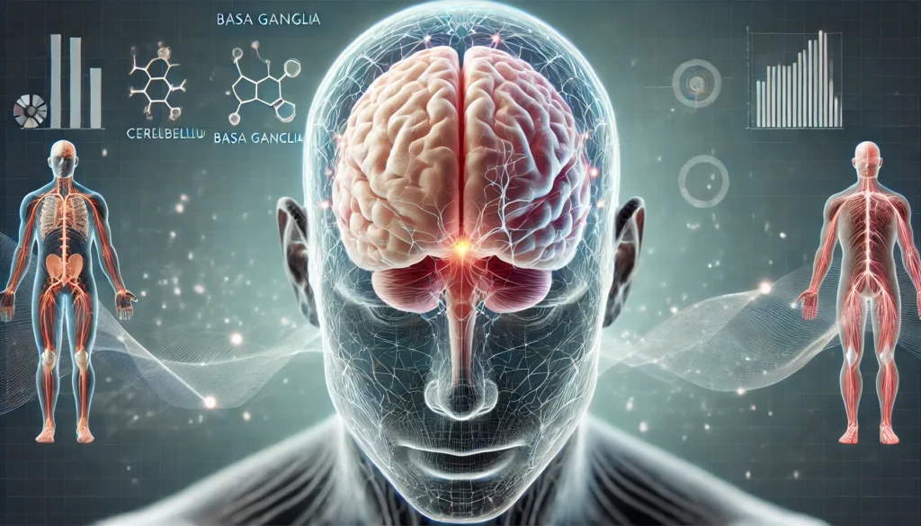 3D illustration of brain highlighting cerebellum and motor pathways, explaining dementia and balance problems