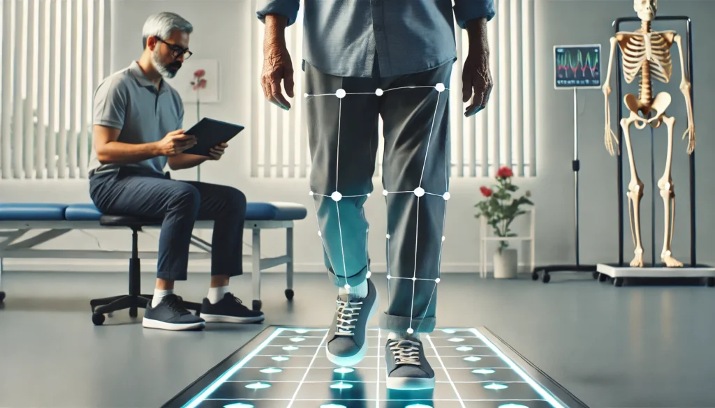 Physical therapist evaluating an elderly patient’s walking pattern for dementia and balance problems