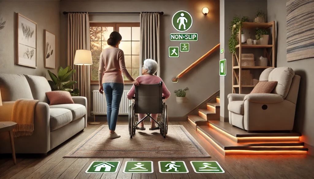 Safe home interior with mobility aids and lighting adjustments, addressing dementia and balance problems