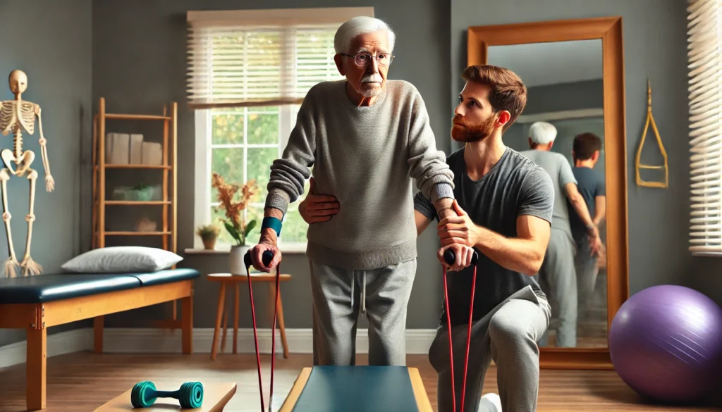 Balance therapy session for older adult guided by physiotherapist, helping with dementia and balance problems