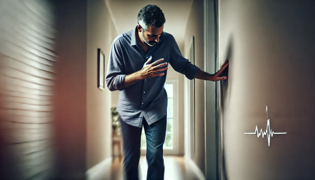 Man in his 40s walking with balance difficulty, showing early physical symptoms of dementia