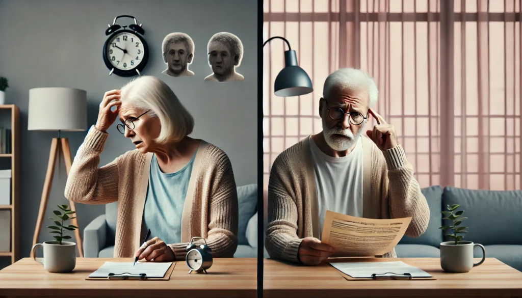 Split view showing memory loss vs. executive function decline, explaining how fast mild cognitive impairment progresses.