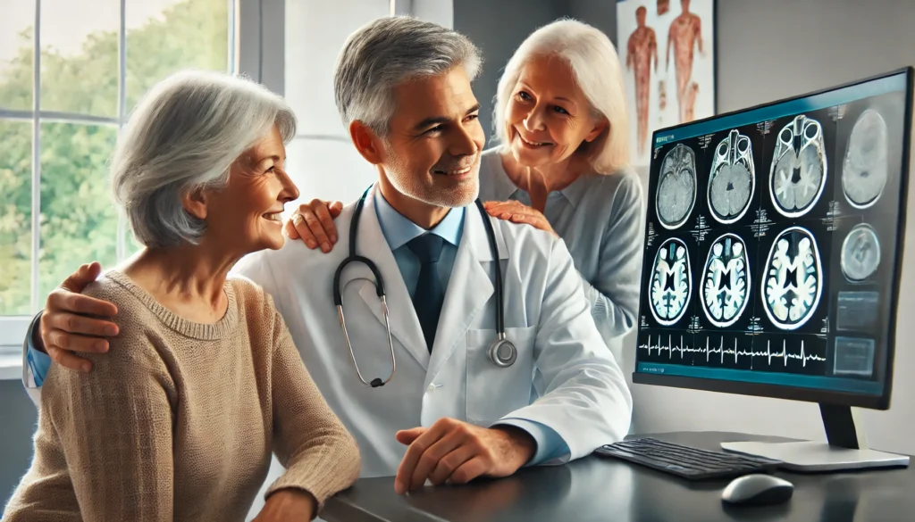 Doctor consulting elderly couple on how fast mild cognitive impairment progresses.