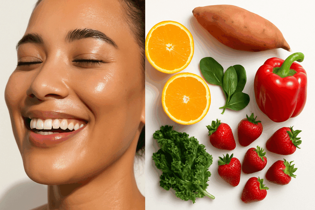 Smiling woman with radiant skin beside fresh produce on white background, promoting a fruit and vegetable diet for skin health
