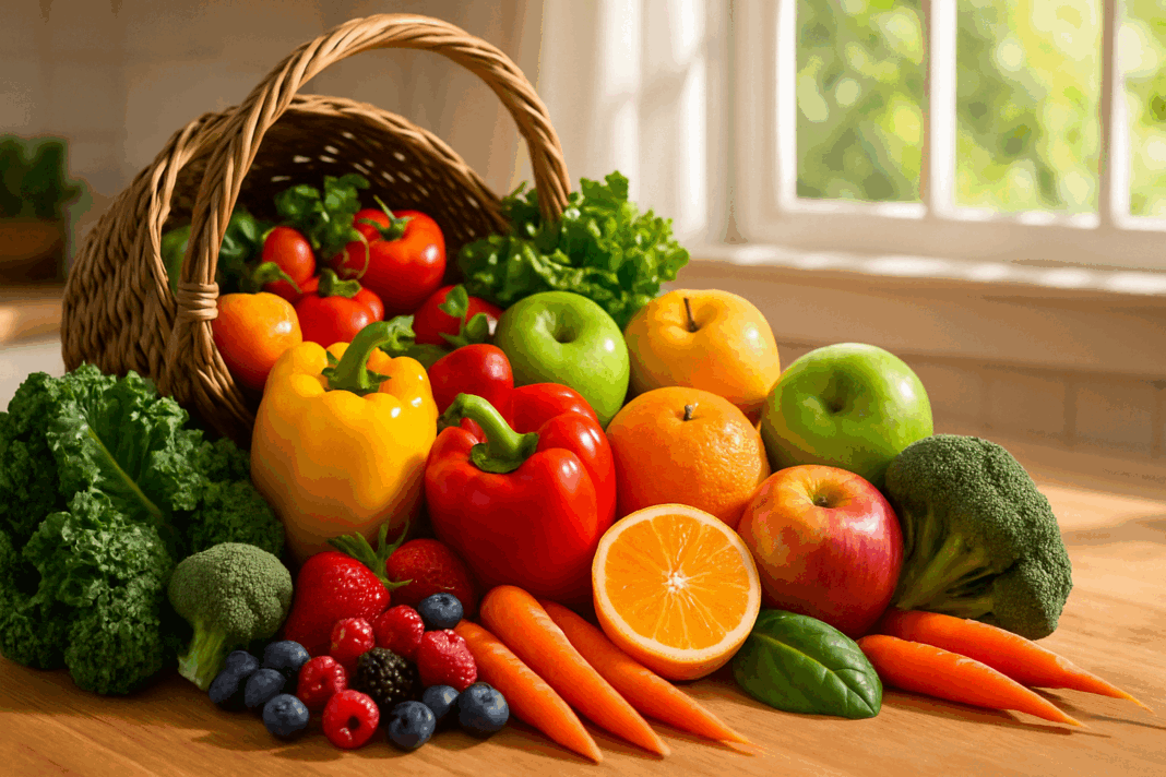 Colorful fruit and vegetable diet with kale, berries, carrots, bell peppers, apples, and oranges on a sunlit wooden kitchen counter