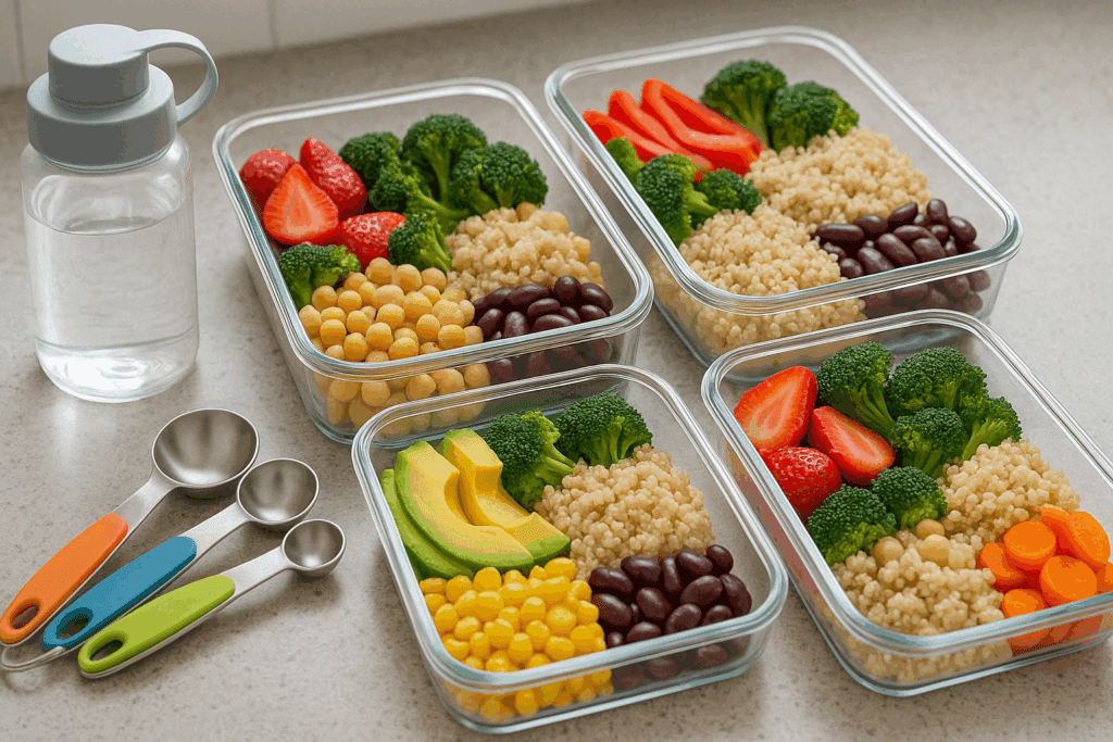 Balanced fruit and vegetable diet meal prep with quinoa, chickpeas, and legumes in portioned containers on a kitchen counter