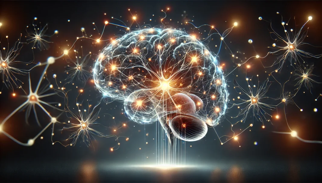 Energy in the brain visualized through glowing neural network and mitochondria-powered pathways