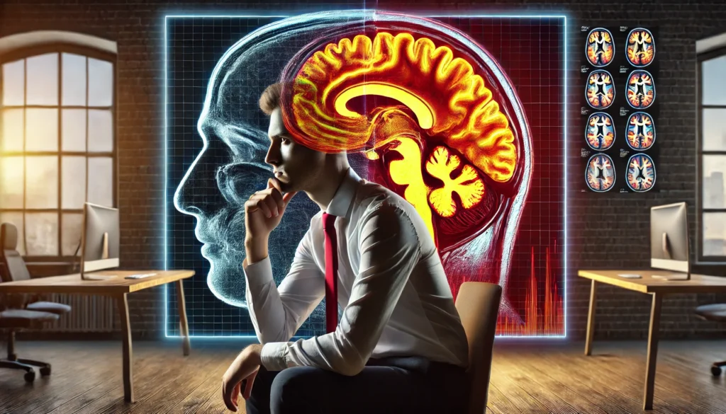 Brain scan illustrating intense cognitive activity and high energy demands in the brain