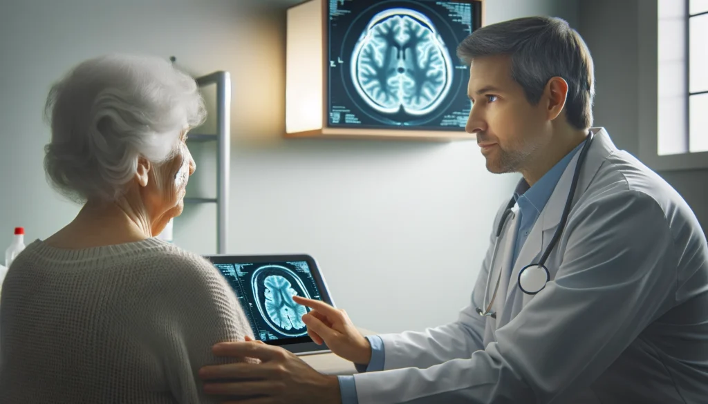 Doctor and elderly patient discussing brain scan in clinic, emphasizing how to detect dementia early