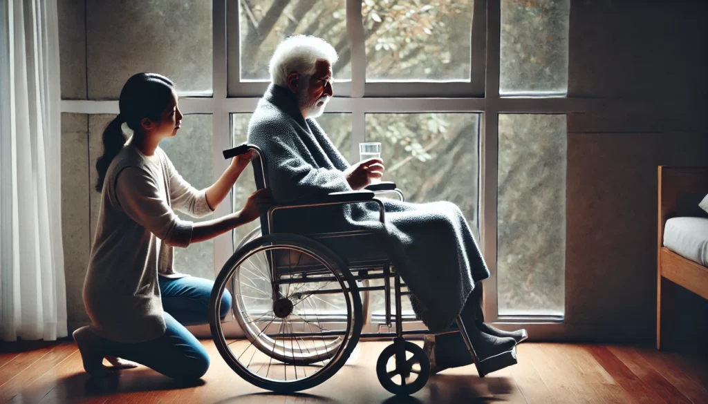 Elderly man in wheelchair being cared for, reflecting what dementia does to the body and how to detect dementia in late stages