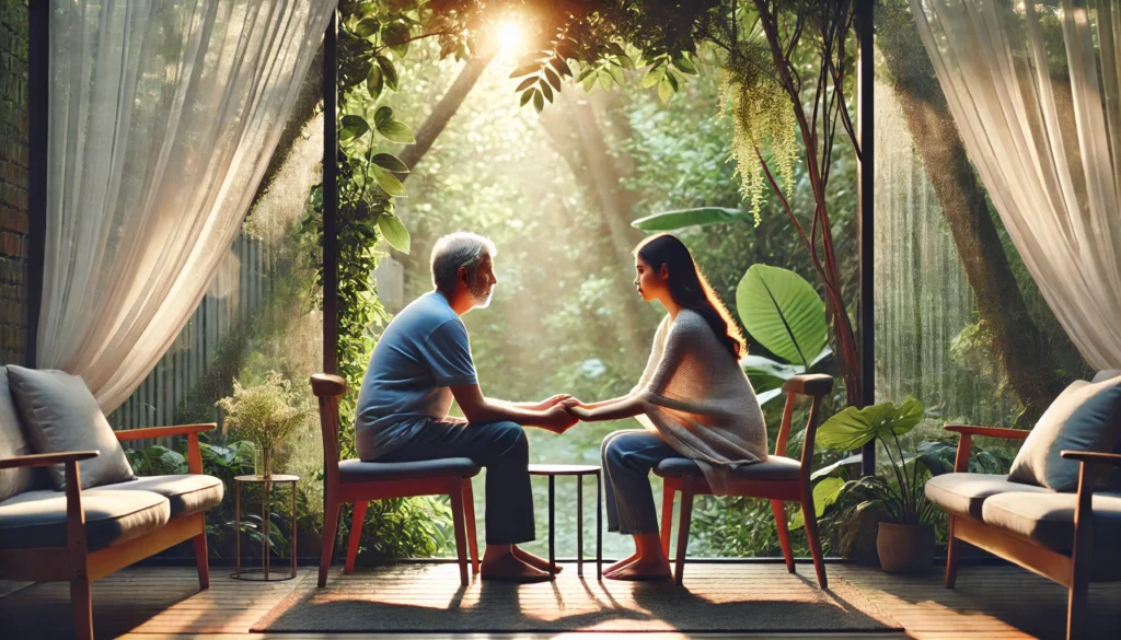 Caregiver holding hands with elderly parent in peaceful garden, symbolizing emotional impact and support in how to detect dementia