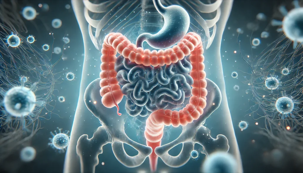 Detailed medical illustration showing the gut structure and microbiome for how to fix your gut