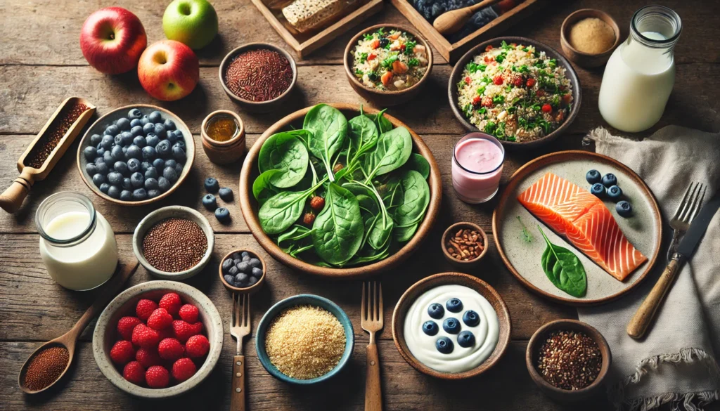 Nutrient-rich foods arranged to illustrate the best diet for how to fix your gut