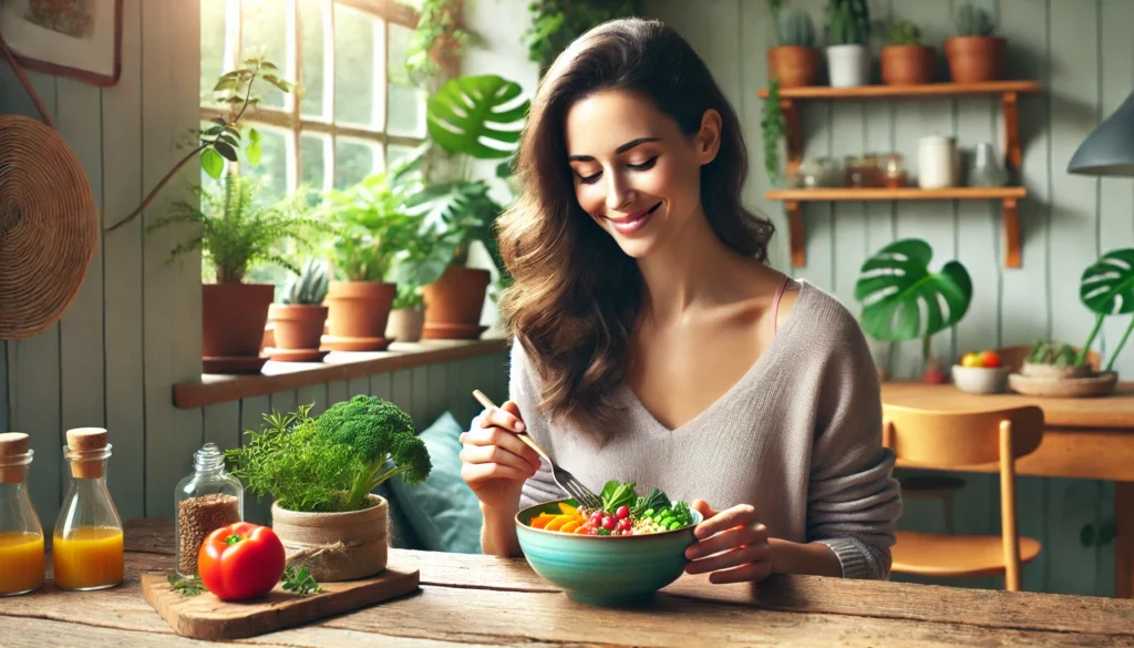 Woman eating a healthy gut-friendly meal naturally, illustrating how to fix your gut without supplements