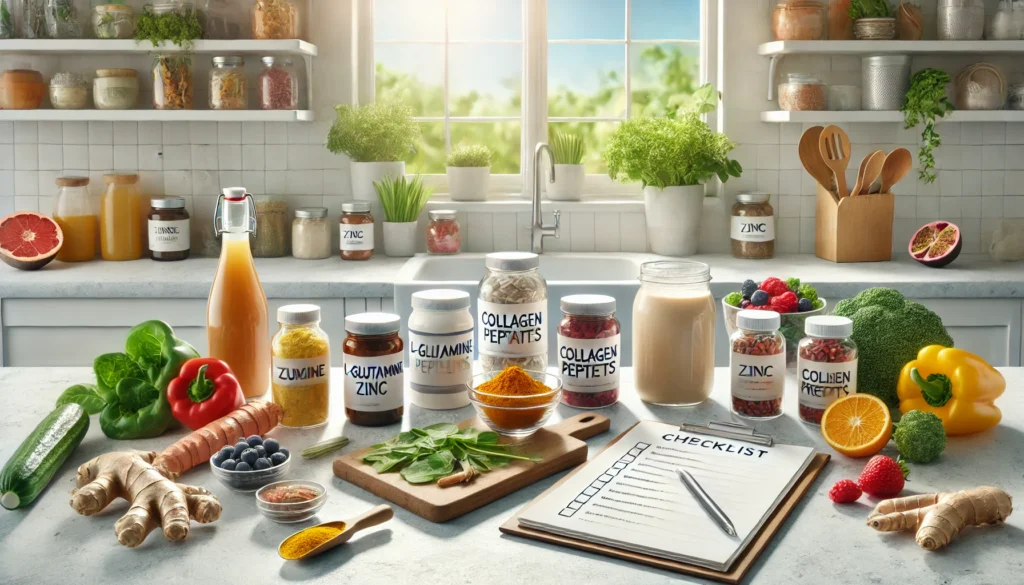 Gut healing strategy setup with collagen, L-glutamine, bone broth, and anti-inflammatory foods