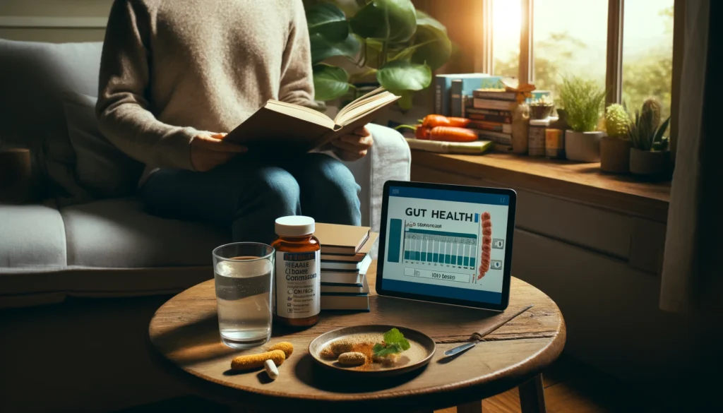 Person researching how to heal gut inflammation with tablet, supplements, and gut health books