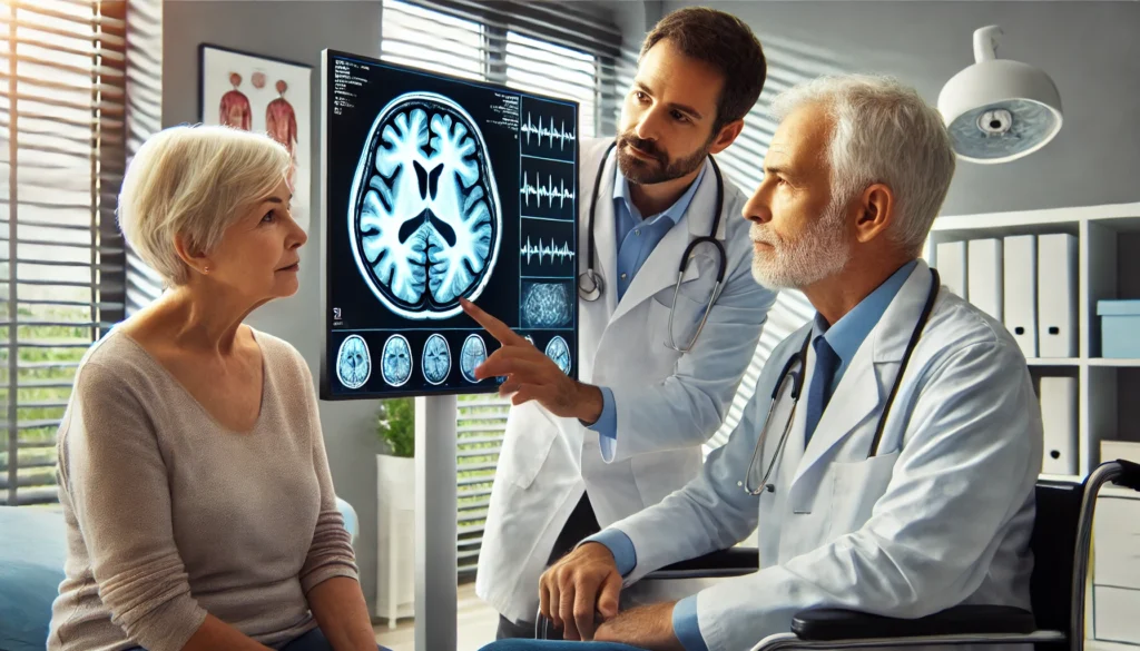 Doctor explaining brain scan results to patient and caregiver during cognitive consultation, representing how to help someone with cognitive impairment through diagnosis