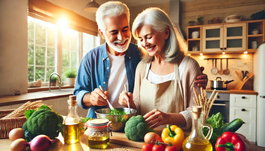 Older couple cooking a Mediterranean meal together, promoting healthy habits in how to help someone with cognitive impairment