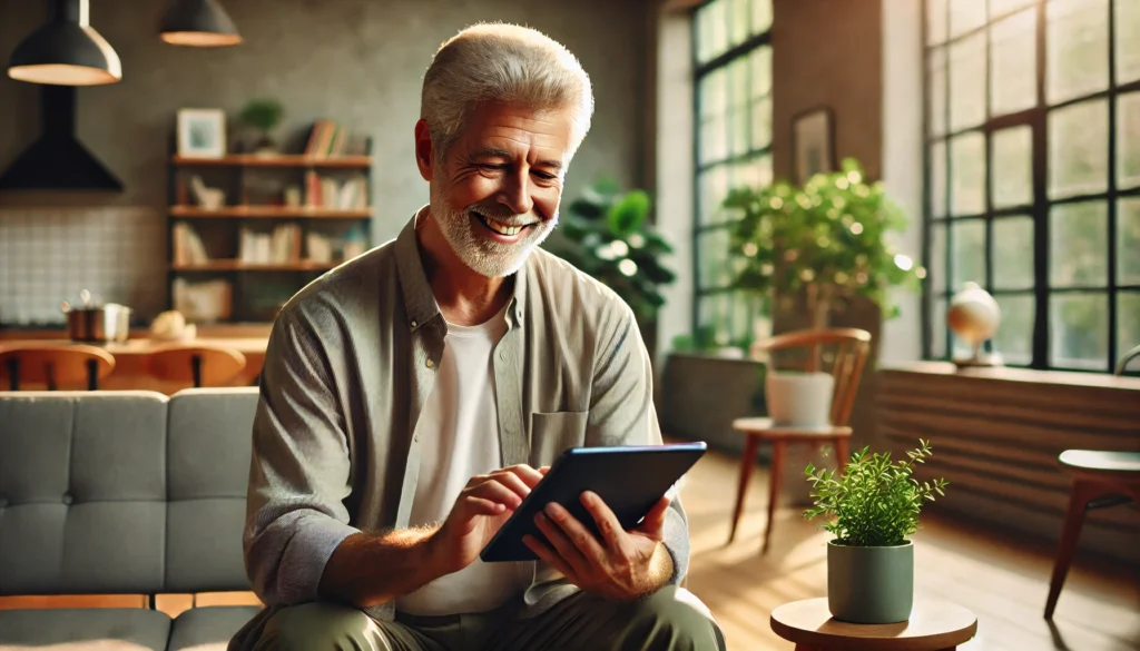 Elderly man doing brain exercises on a tablet, symbolizing recovery potential and how to help someone with cognitive impairment through cognitive training