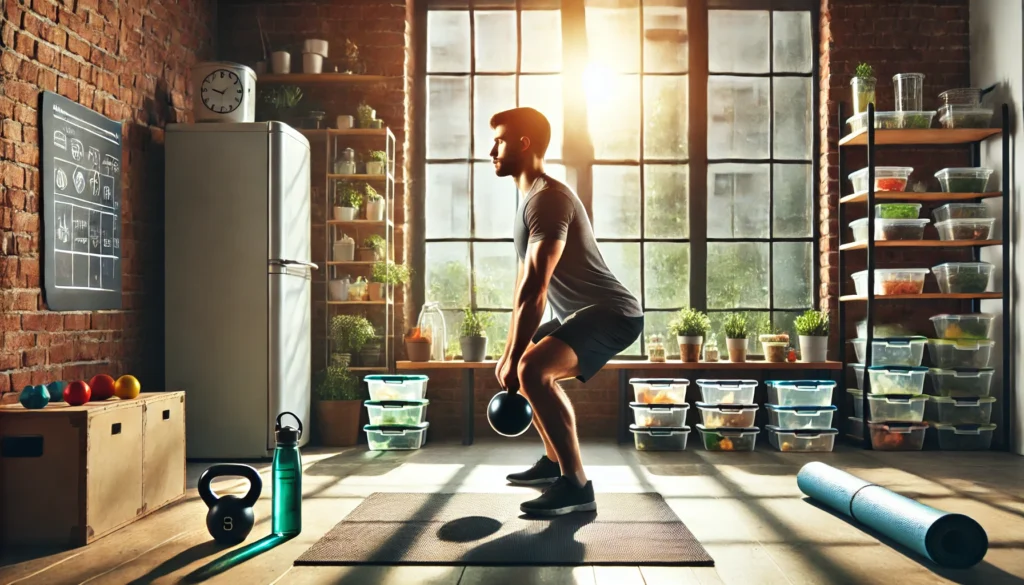 Active man performing strength training with fitness and hydration tools supporting how to increase metabolism naturally