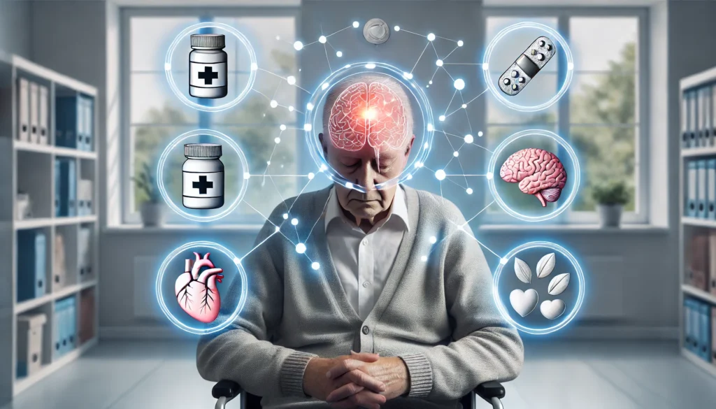 Illustration showing causes of memory loss in elderly such as medications, emotional stress, and poor circulation.