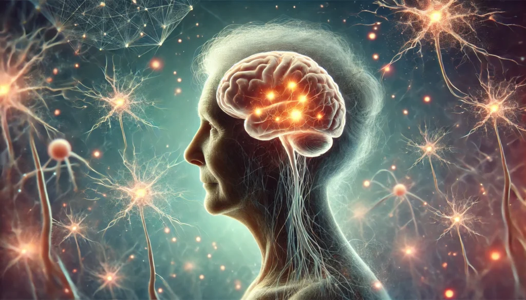 Conceptual image of memory restoration in the aging brain with regenerating neural connections.
