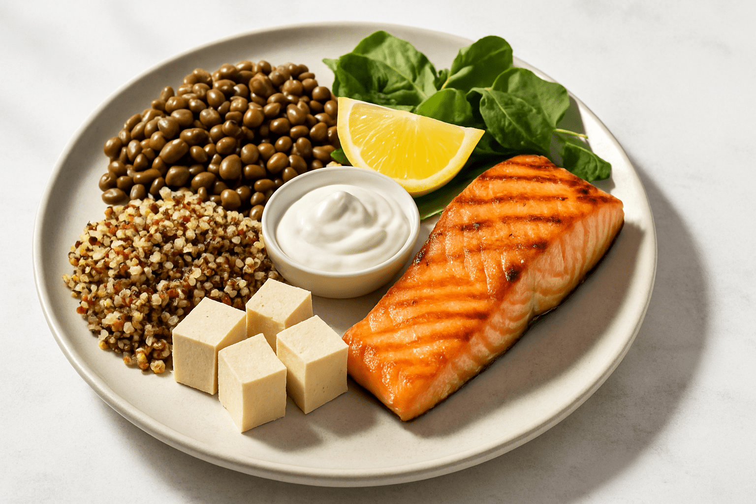 Grilled salmon, lentils, quinoa, tofu cubes, Greek yogurt, and leafy greens on a plate with lemon—an assortment of healthy filling foods