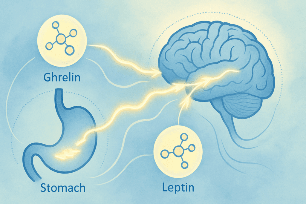 Abstract illustration of brain, stomach, and hormones ghrelin and leptin exchanging signals, explaining how Healthy Filling Foods regulate hunger and satiety