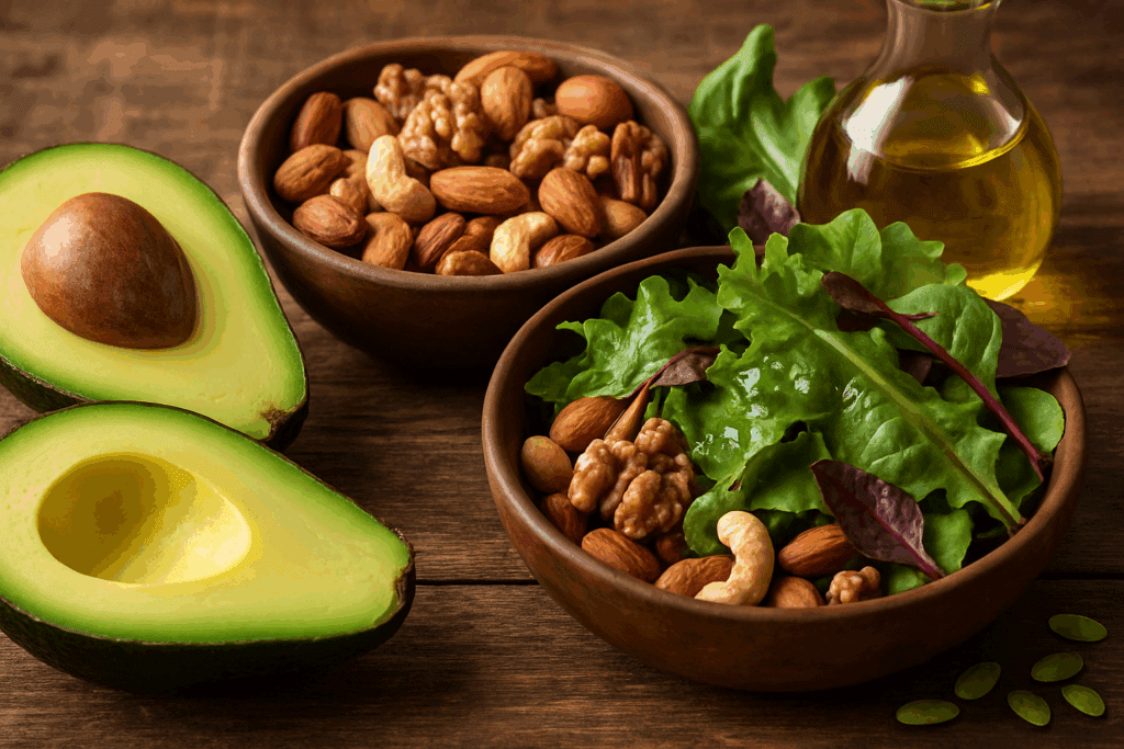 Sliced avocados, mixed nuts, fresh greens drizzled with olive oil, and pumpkin seeds on a rustic table showcasing healthy filling foods